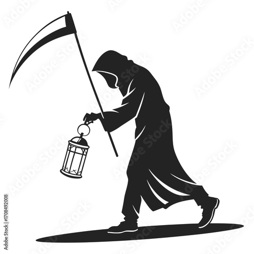 Grim reaper with scythe and lantern silhouette isolated on white background