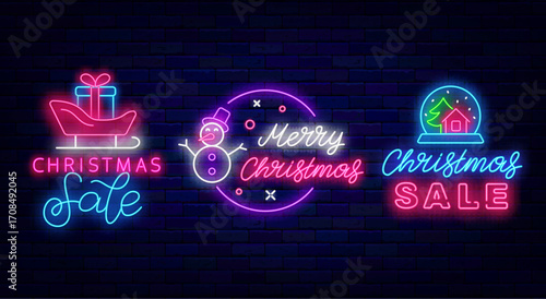 Merry Christmas sale neon labels collection. Santa sledge, snow globe and snow man. Vector stock illustration