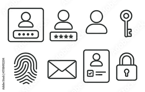 Login and security icons including password, key, fingerprint, email, and lock symbols