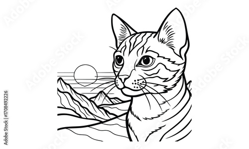 Whiskers Cat, kids line art doodle pattern design t shirt silhouette and vector, intricate line art design, relaxing printable, high-quality illustration for stress relief, art therapy activity.