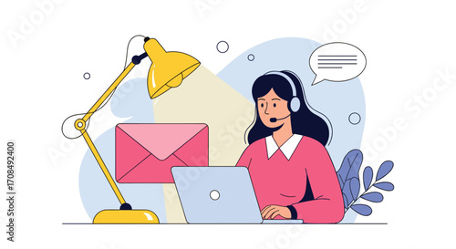 Customer service representative working with a laptop and headset in a bright office setting.