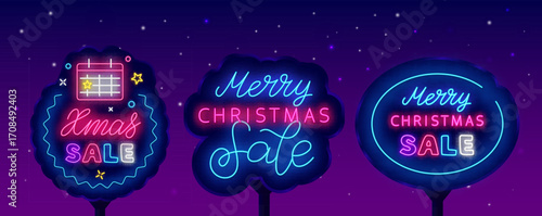 Christmas sale. Happy New Year neon street billboards collection. December holiday. Vector illustration