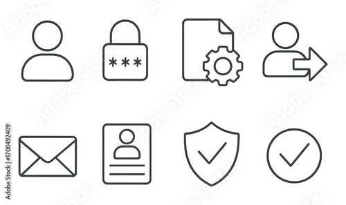 Cybersecurity icons: user, lock, file, email, shield, profile, settings, verification