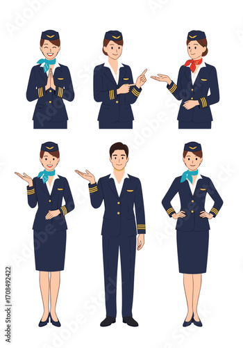 Set of flight attendants posing in uniform showing gestures.