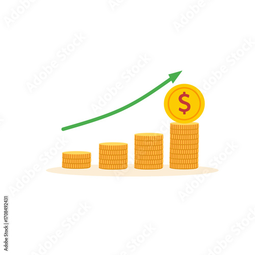 Stacked Coins with Upward Green Arrow Showing Financial Growth and Income Increase.

