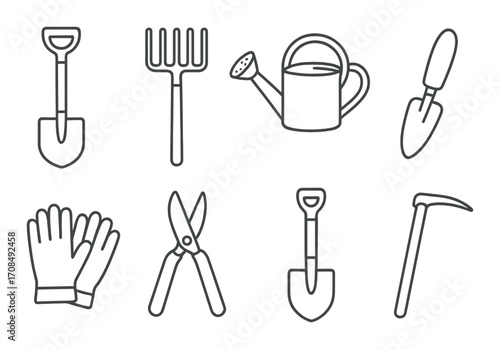 Monochrome silhouette icons of garden tools on gradient background