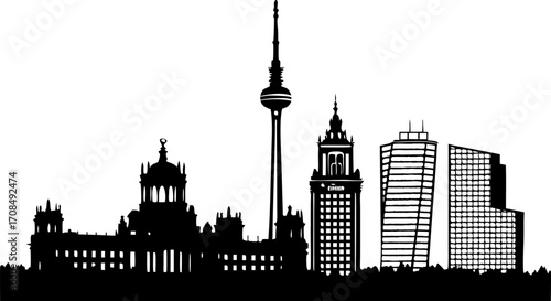 Vector art of berlin germany skyline silhouette with buildings and towers in black and white