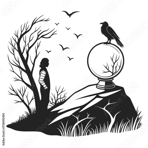 Silhouette of a person and a raven on a crystal ball isolated on white background