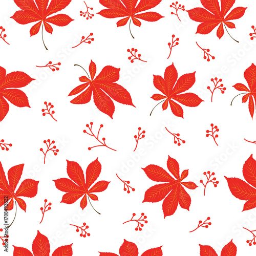 Hand drawn seamless autumn leaf pattern with chestnut leaves and stem on white transparent background, seasonal design. vector illustration