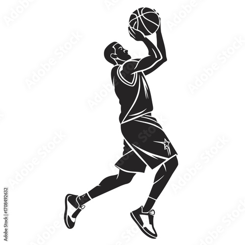 Basketball player shooting ball silhouette isolated on white background