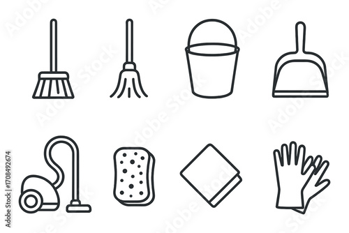 Monochrome cleaning icons set with broom, mop, bucket, vacuum, sponge, cloth, gloves