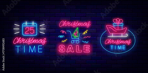 Christmas time and sale neon labels collection. Santa sledge, calendar. Special offer marketing. Vector illustration