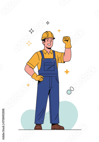 A construction worker proudly shows off his fist raised in victory.
