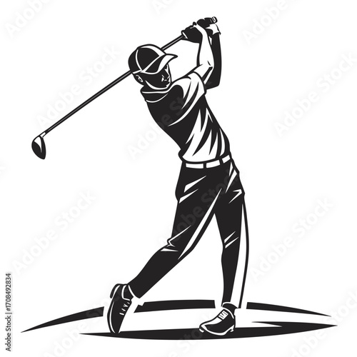 Golfer swinging club silhouette isolated on white background