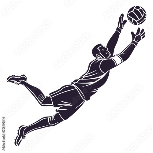 Soccer goalkeeper diving to catch ball silhouette isolated on white background