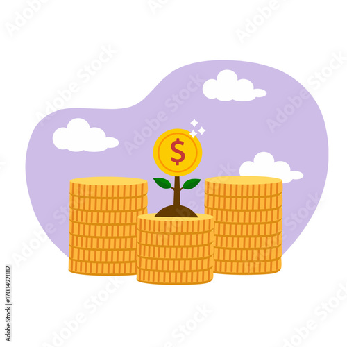 Money Growth and Investment Concept with Coin Plant and Stacks of Gold Coins.
