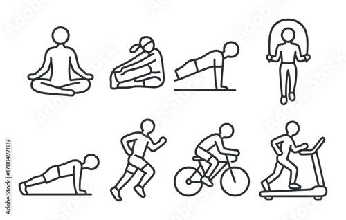 Outline illustrations of various exercise activities including yoga, stretching, and cardio