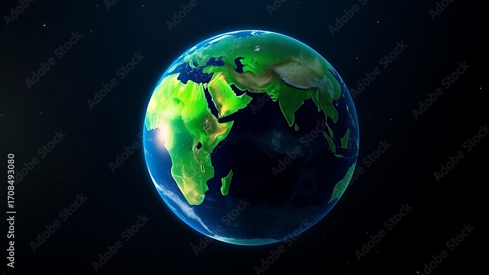 Naklejka premium Vibrant Earth globe floating in space, showcasing continents with atmospheric lighting.