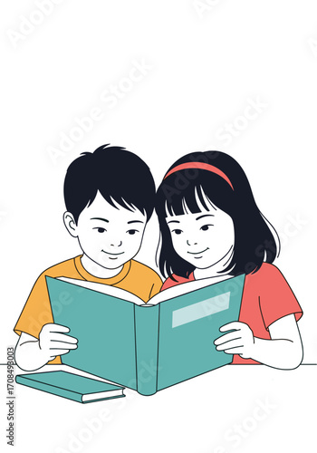 Two children reading a book together with smiles on their faces.