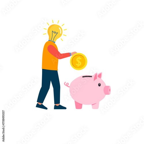 a person with a light bulb head putting a coin into a piggy bank.
