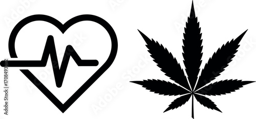 Minimalist black and white graphic icons representing health and cannabis vector