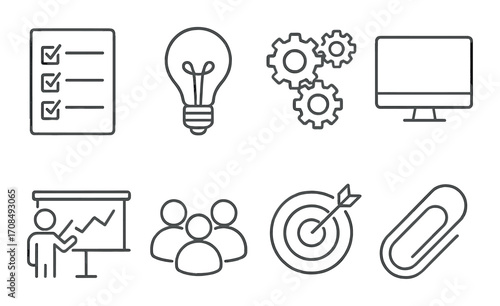 Minimalist business icons featuring light bulb and chart for corporate strategy visualization