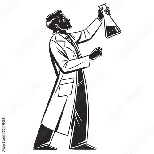 Scientist in lab coat holding erlenmeyer flask silhouette isolated on white background