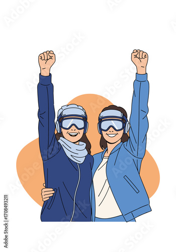 Two happy people wearing virtual reality headsets and raising their fists in celebration.