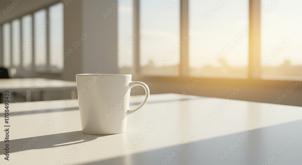 Obraz premium White mug on table with sunlight through windows