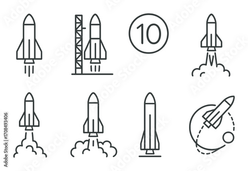 Set of minimalist rocket icons with countdown and launch concepts