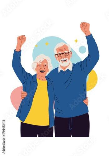 A happy elderly couple celebrates with arms raised in triumph.