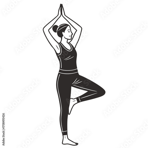 Woman performing tree pose yoga silhouette isolated on white background