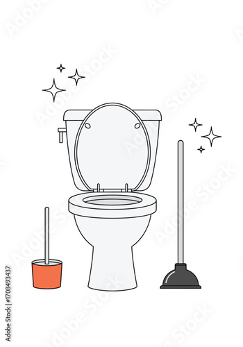 A clean toilet with a plunger and brush.