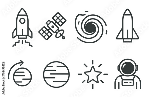 Space exploration icons featuring rocket, satellite, astronaut, galaxy, and planet symbols