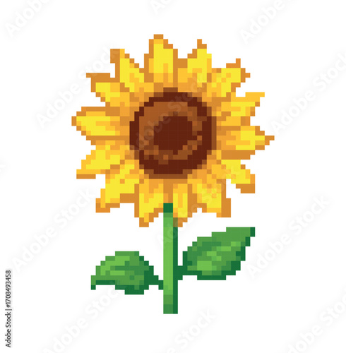 Pixel art illustration of a bright yellow sunflower with green leaves and a brown center, isolated on a white background, 8-bit retro style.