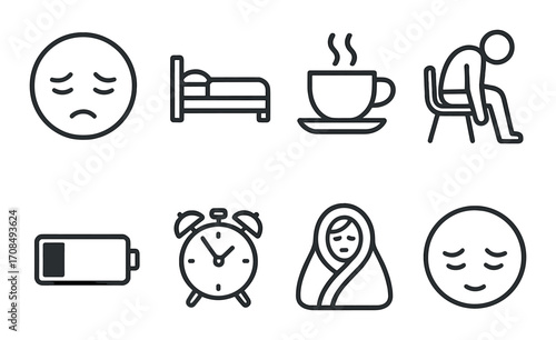 Tired and unwell icon set featuring sleep, coffee, fatigue, and cold