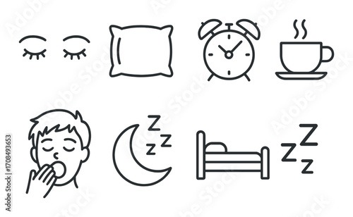 Sleep icons set: pillow, alarm clock, coffee cup, yawning boy, moon, bed