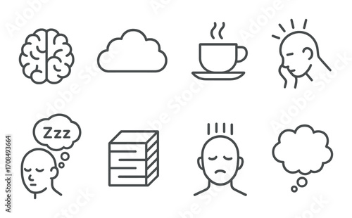 Monotone icons of cloud, coffee, brain, thinking, and sleep on gradient background