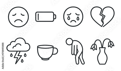 Set of icons depicting sadness and low energy with emotional symbols