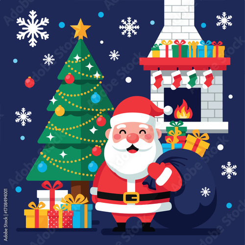 christmas, santa, claus, tree, winter, xmas, holiday, snow, santa claus, illustration, cartoon, vector, gift, snowman, celebration, hat, decoration, card, season, happy, year, new, art, snowflake, fun