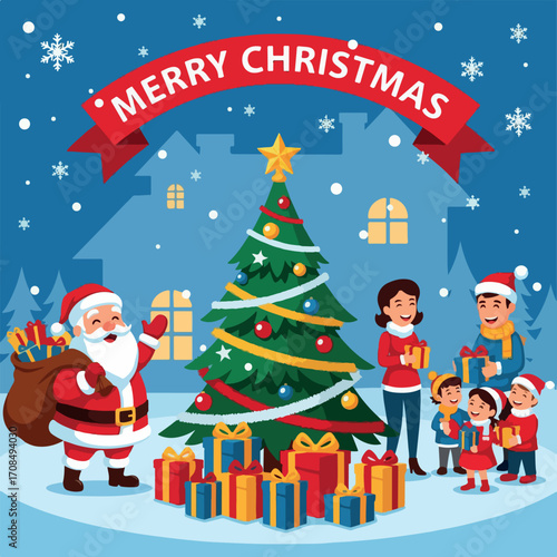 christmas, santa, claus, tree, winter, xmas, holiday, snow, santa claus, illustration, cartoon, vector, gift, snowman, celebration, hat, decoration, card, season, happy, year, new, art, snowflake, fun