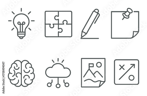 Abstract icons: creativity, problem solving, planning in grey-toned design