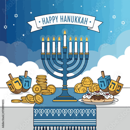 illustration, vector, judaism, holiday, jewish, party, celebration, day, hanukkah, symbol, design, religious, background, element, god, spiritual, israel, culture, religion, festive, hanuka, gold, 