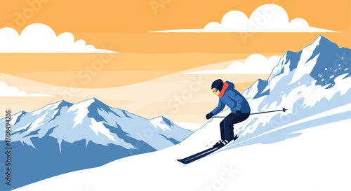 A lone skier navigates a snowy mountain slope during a vibrant sunset.