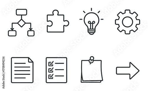 Black toolbox icons: gear, lightbulb, puzzle, document, workflow, task list, arrow, paper