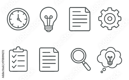 Monochrome icon set: clock, lightbulb, document, gear, checklist, magnifying glass highlighted
