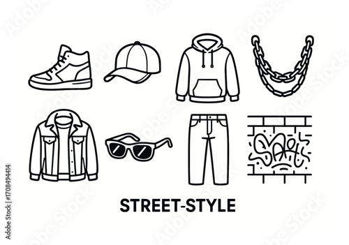 Urban street style icons collection featuring fashion accessories and graffiti art