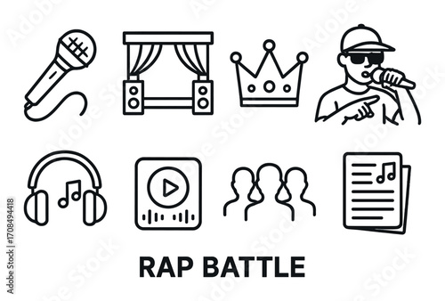 Rap battle icon set with microphone, music notes, and performer outline