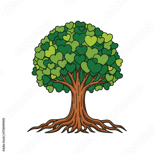 Conceptual tree illustration featuring a lush canopy of intertwined green hearts, symbolizing love, growth, and the nurturing connection between nature and well-being