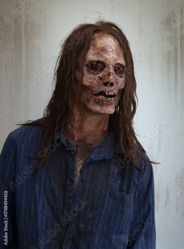 Scary male zombie standing showing teeth 